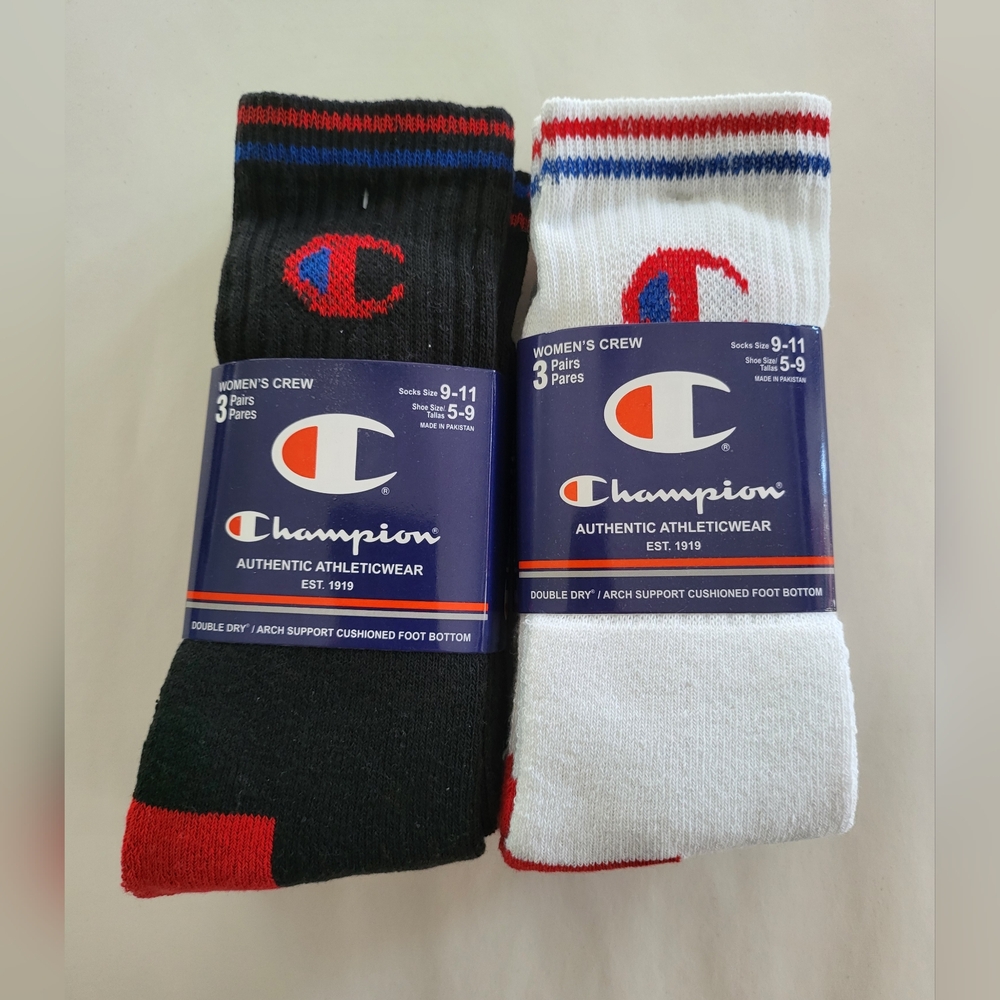 6 Pair Champion Women's Crew Socks Shoe Size 5-9 Black White Red Blue Double Dry